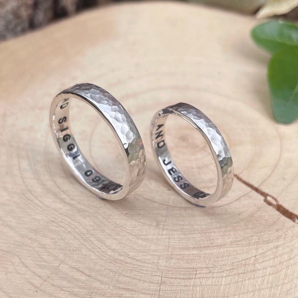 Personalised Silver Luna Wedding Rings, Rustic Wedding Rings, Silver Wedding Bands, Wedding Ring Set, Commitment Rings, Unusual Wedding Band