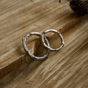 Handmade, sterling silver, twig wedding ring set, created from casts of twigs in solid silver. Set of two rings by Curious Magpie Jewellery.