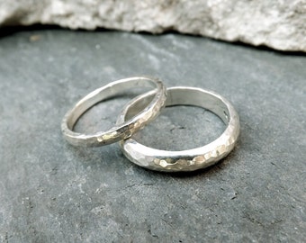 Silver Meteorite Wedding Rings: Wedding Ring Set, Hammered Silver Wedding Ring, Textured Rings, Rustic Wedding Rings, Wedding Band Set