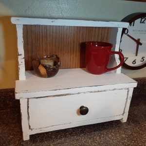 Farmhouse Countertop Mini Hutch, Distressed White Cabinet, Coffee & Tea Storage