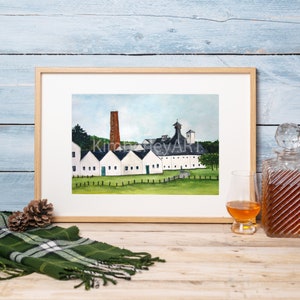 May include: A watercolor painting of a white distillery building with a red chimney and a tall, conical roof. The building is surrounded by green grass and trees. The painting is framed in a light wood frame.