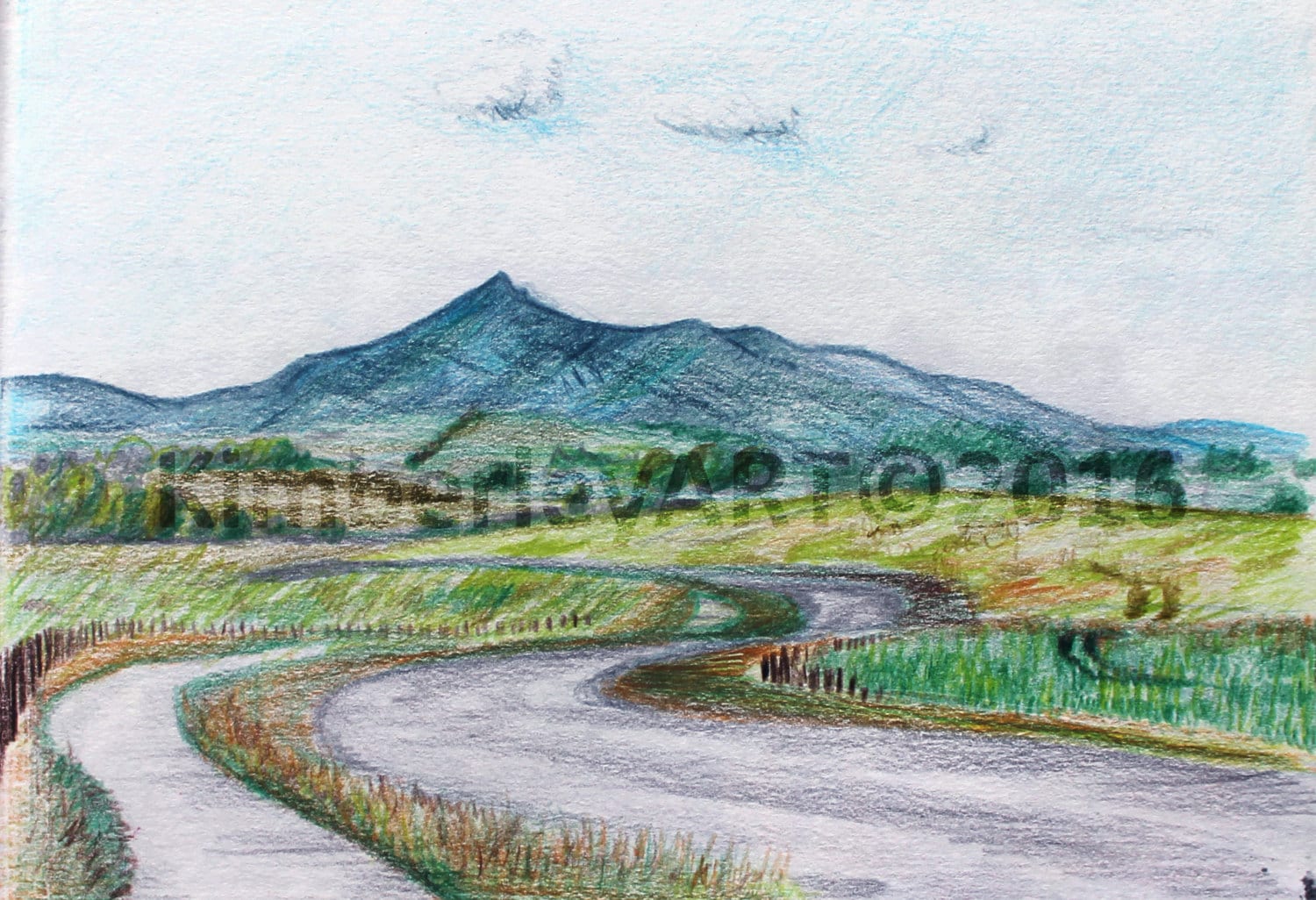 Vintage drawing in colour of a peaceful countryside spring landscape on  Craiyon