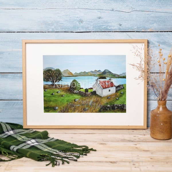 Scottish Cottage Art Print | Scenic Landscape Art Print | Scottish Scene Painting Print | Scenic Art Print | Shieldaig Red Roof Cottage