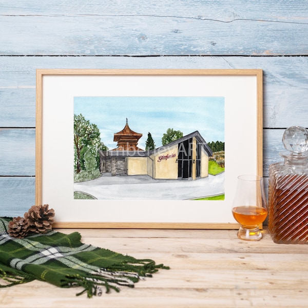 Glenfarclas Brennerei Aquarell Druck | Schottisches Brennerei Kunstwerk | Brennerei Illustration | Scotch Whisky Geschenke | Speyside Whisky