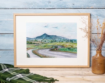 Bennachie Colour Drawing Print, Scottish Mountain Drawing Print, Colour Pencil Drawing, Colour Pencil Print, Scottish Scenic Print