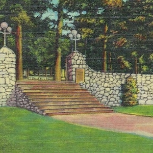 34 : - The Wm C. Bond Memorial Gateway, Massanetta Springs, Harrisonburg, Virginie, carte postale en lin vintage