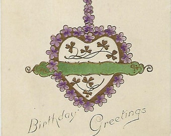 1911 Birthday Postcard, German Postcard, Violets, Embossed, Antique Ephemera