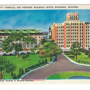 Norfolk and Western Railroad Office Building, Roanoke, Virginie, carte postale en lin vintage, inutilisée