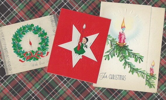 3 Vintage Christmas Cards, Candles, Holiday Cards, Christmas Greetings, Ephemera,
