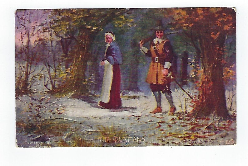 Davenport Ephemera 1907 The Puritans Antique Postcard Artist Signed R.A