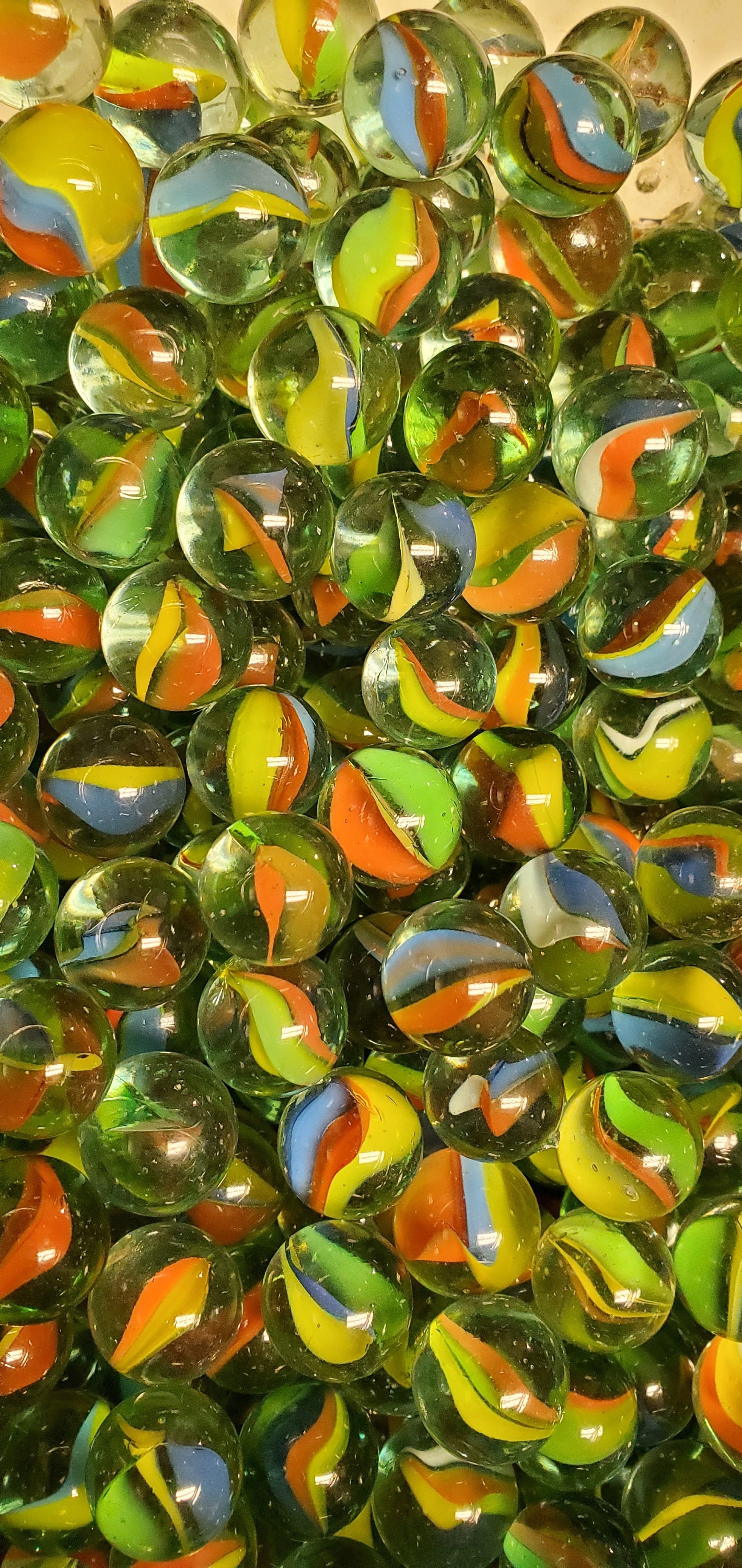 VTG Lot 39 Glass Marbles Various Sizes and Colors Green Orange Yellow Blue  Clear