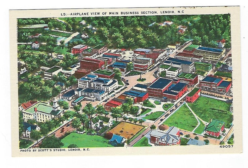 Airplane View of Main Business Section Vintage Linen Postcard N.C. Unused Lenoir