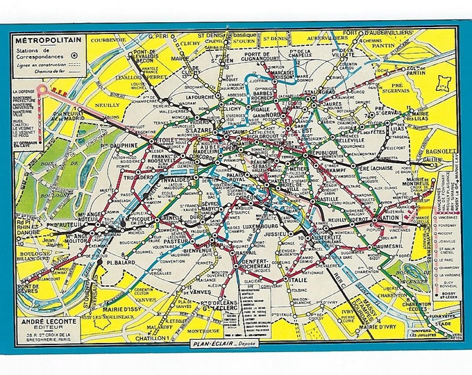 Map of Paris Metropolitain Paris Postcard Map Vintage - Etsy