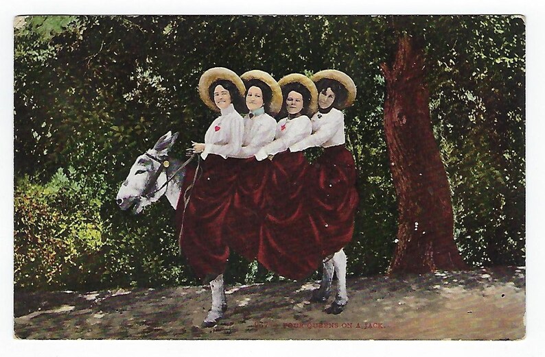 Humorous Postcard Ephemera 937- Four Queens on a Jack Antique Postcard