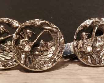 Vintage Cuff Links and Tie Tack, Silver-Tone, Man Fishing, 3-D Cuff Links, Gifts for Men