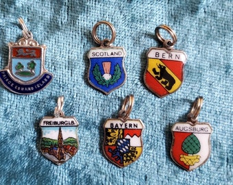 Vintage Travel Shield Charms, Sold Separately, Enamel & Sterling Charms, Memory Charms, Sterling Silver Charms, Mid Century Charms, Lot C4