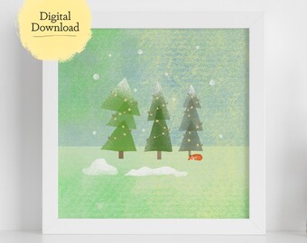 Può includere: Un'illustrazione digitale di tre alberi di Natale verdi con neve bianca in cima e luci gialle appese intorno. Una piccola volpe arancione è sdraiata a terra davanti agli alberi. Lo sfondo è un gradiente di blu chiaro e verde con fiocchi di neve bianchi.