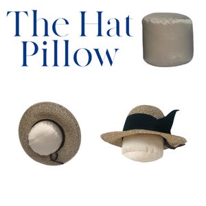 May include: Three hat-shaped pillows, two are made of straw and one is a solid beige color. The text "The Hat Pillow" is displayed above the pillows.