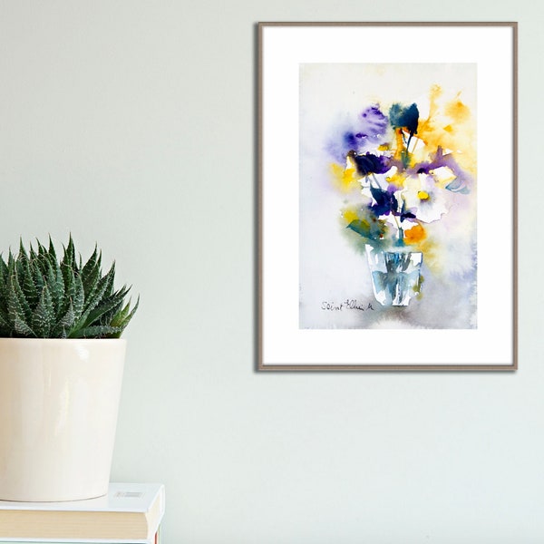 Original watercolor of yellow purple blooming flower in a pot, flowers in a vase, purple and yellow flowers original painting, floral art