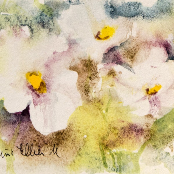 Original watercolor of white and purple flowers, Original painting of  white flowers - floral art - flowers in the garden- spring painting
