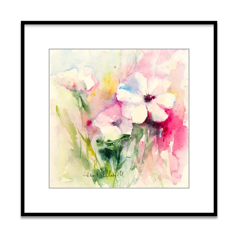 Peinture Aquarelle Originale De Fleurs Des Champs Au Milieu Des Herbes Fleurs Dans Le Jardin Fleurs Roses Et Blanches Art Floral