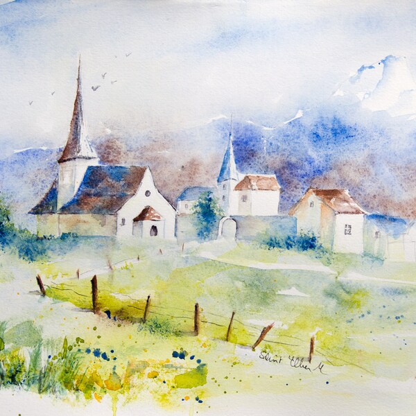 Original painting of a swiss village with church and houses, original watercolor of Rougemont in Switzerland, 12" x 15,8"