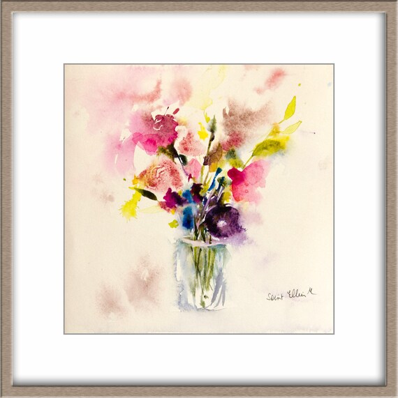 Aquarelle Originale De Bouquet De Fleurs Peinture Originale Fleurs Bouquet Rose Et Violet Nature Morte Abstrait Fleurs