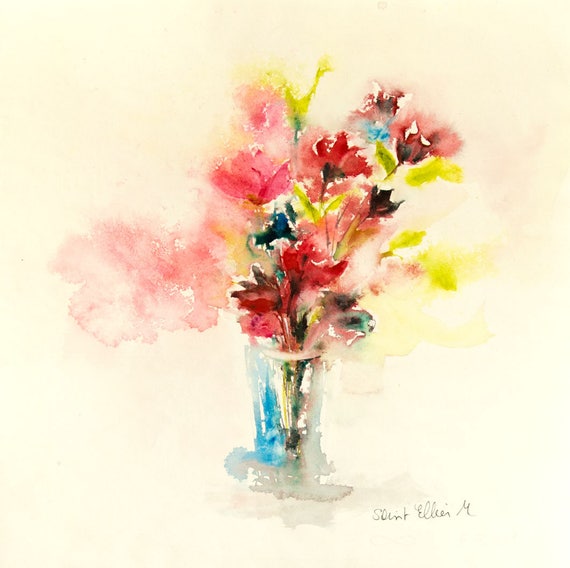 Peinture Originale De Bouquet De Fleurs Coupées Rouge Et Rose Aquarelle Originale De Bouquet De Fleurs Idée Cadeau