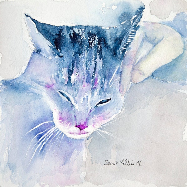 Original purring cat watercolor - original purring cat painting - blue and pink cat watercolour