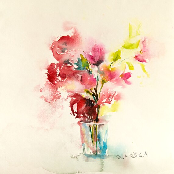 Peinture Originale De Vase De Fleurs Rouges Jaune Rose Aquarelle Originale De Bouquet De Fleurs Idée Cadeau Art Abstraitart Floral