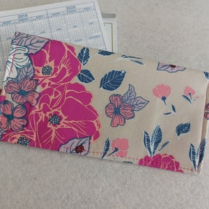 Pink Blue Floral Fabric Checkbook Cover Handmade Ready to Ship FREE Standard US Shipping