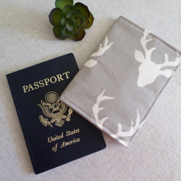 CLEARANCE Grey with White Deer Fabric Passport Cover Holder Handmade Ready to Ship FREE Standard US Shipping