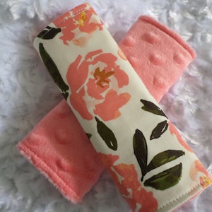 Coral Floral Infant Toddler Reversible Fabric Car Seat Stroller Strap Covers Ready to Ship FREE Standard US Shipping