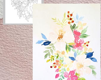 Esquema de pintura floral imprimible de bayas florales / Plantilla de acuarela para principiantes / Arte lineal de flores descarga digital