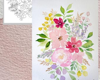 Utskrivbar blommålningskontur för rosor och syrener | Mall för nybörjare i akvarell | Digital nedladdning av blomsterkonst