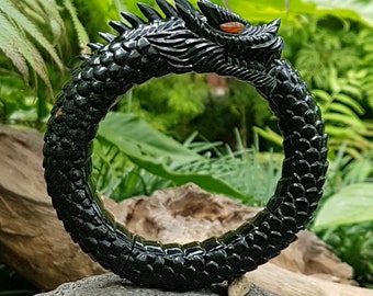 Dragon Carving Akar Bahar Black Coral Handmade Bangle Bracelet