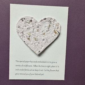 May include: A white heart-shaped paper with embedded seeds. The paper is attached to a white card with the text: "This special paper has seeds embedded in it to grow a variety of wildflowers. When the time is right, plant it 1/2 inch under fertile soil and keep it wet. Let the flowers that grow remind you of your beloved pet."