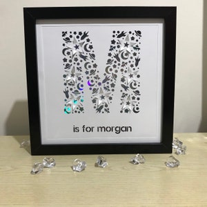 May include: A black framed picture with a white background. The letter "M" is cut out of the paper and filled with stars, moons, and rockets. The text "is for morgan" is below the letter.