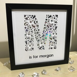 May include: A black framed picture with a white background. The letter M is cut out of the background and filled with a holographic iridescent material. The letter M is made up of small stars, moons, and planets. The text "is for Morgan" is below the letter M.