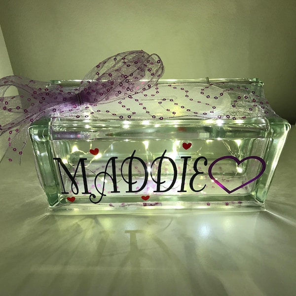 Personalised name glass block night light, nursery decor, light up gift, personalised room decor