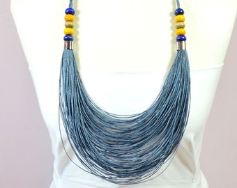 GRAY yellow bib necklace of linen tread, linen necklace, multistrand necklace, layered necklace, summer bib necklace, linen cord necklace