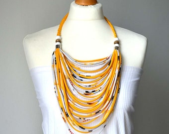 YELLOW  bib necklace of cotton tread, cotton multistrand necklace, knittwear layered necklace, summer bib necklace, cotton cord necklace