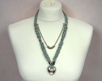 TURQUOISE Collier plastron naturel en lin, collier en lin, collier en macramé, collier brume, gros collier plastron, collier bohème,