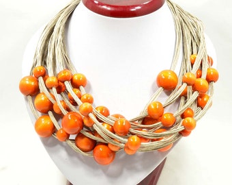 ORANGE linen necklace,  wooden beads necklace, orange chunky wooden necklace, orange chunky beaded necklace, layered linen wooden necklace