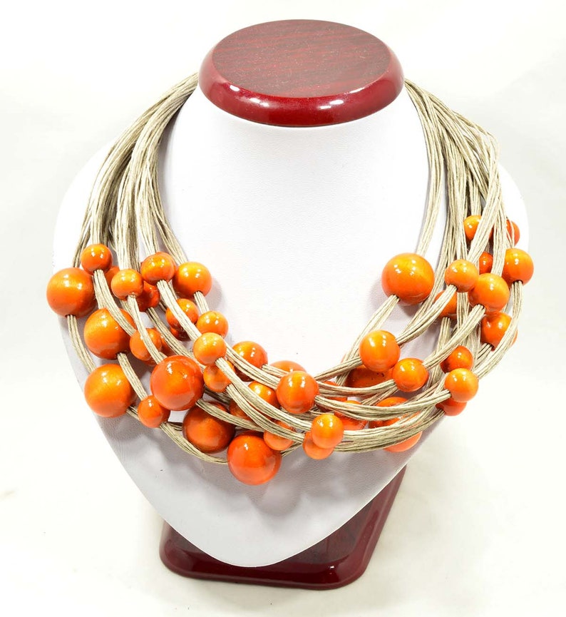 Women/'s trendy necklace wood a gift for her jewelery of threads necklace of natural linen wooden beads, ORANGE linen necklace
