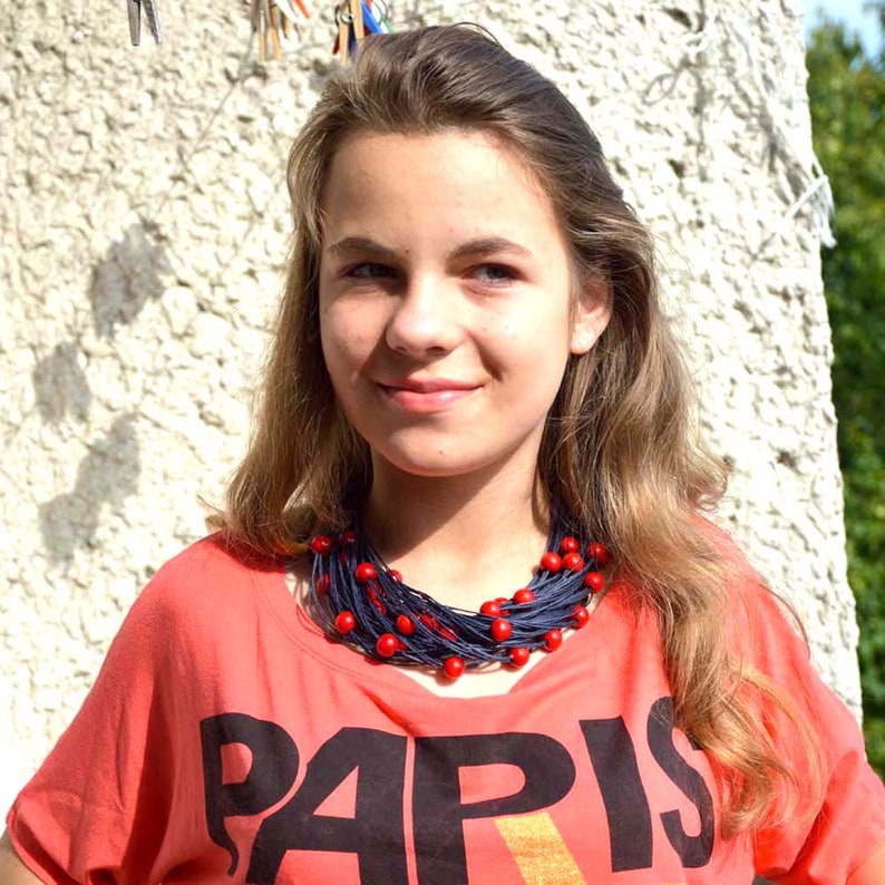 black bib necklace a set of jewelry from the thread linen bracelet linen necklace beads red impressive necklace multi-thread colier