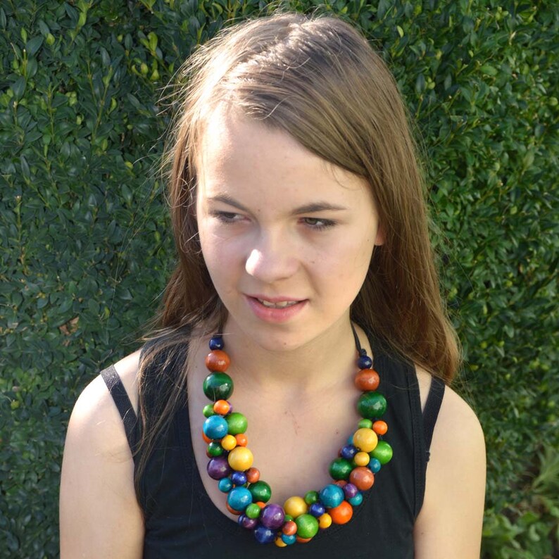 stainless steel blue big beads red wood linen Necklace made of wooden beads bib Elegant wooden necklace white Wooden Necklace