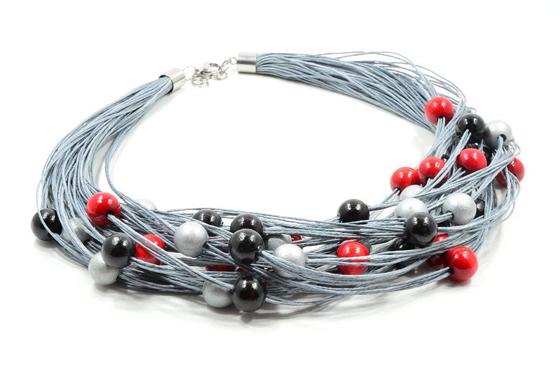 necklace of natural linen Natural linen necklace jewelery of threads wooden beads a gift for her Women/'s trendy necklace red wood