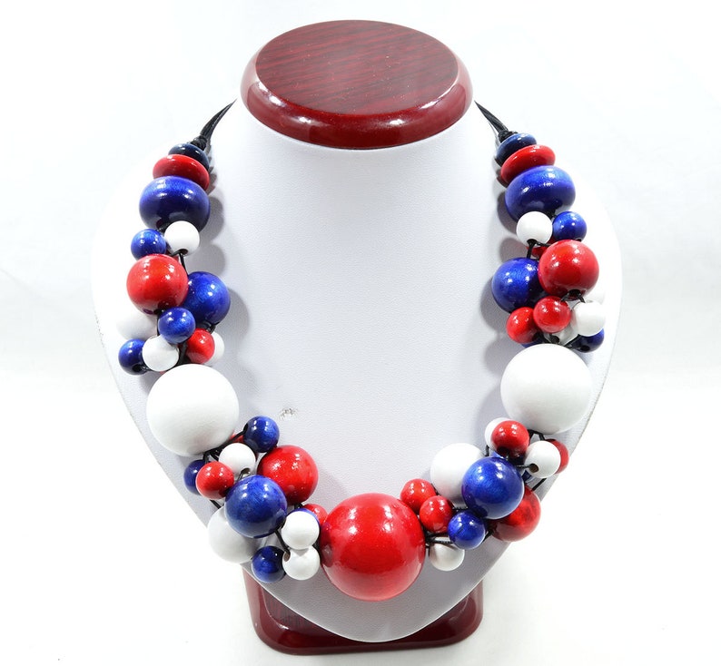 stainless steel blue big beads red wood linen Necklace made of wooden beads bib Elegant wooden necklace white Wooden Necklace