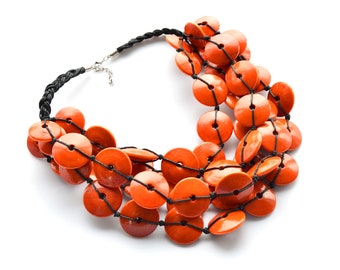 ORANGE chunky wooden necklace, 5-layers orange beaded necklace, summer necklace, orange beads necklace, multistrand necklace for woman